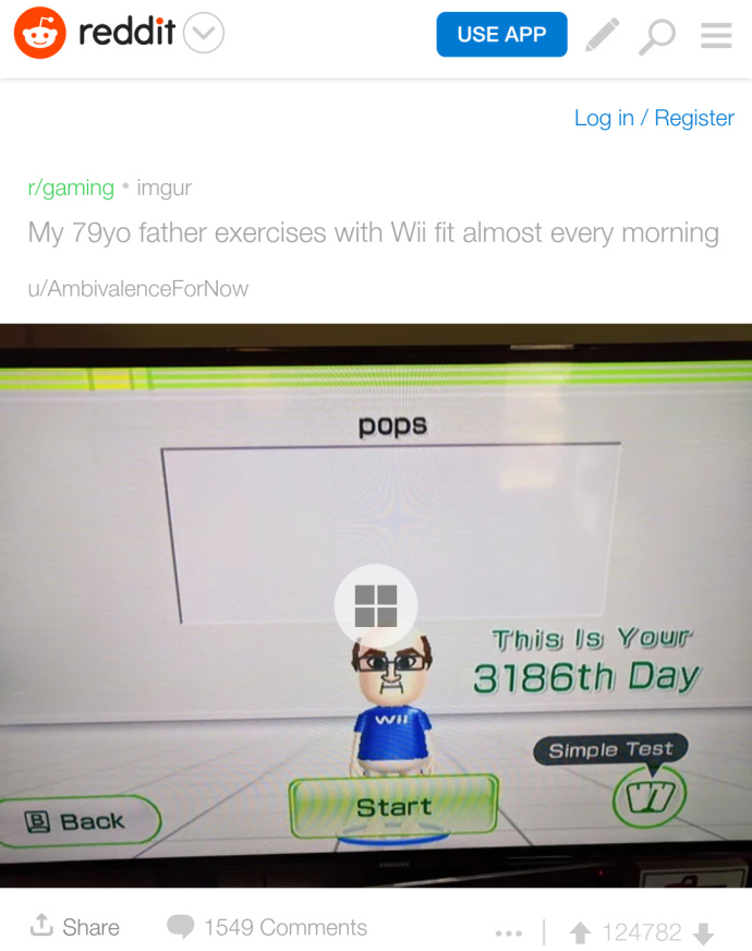 79岁老爹的健身故事，每天早上坚持用《Wii Fit》做上各类运动，目前已经坚持了3186天。