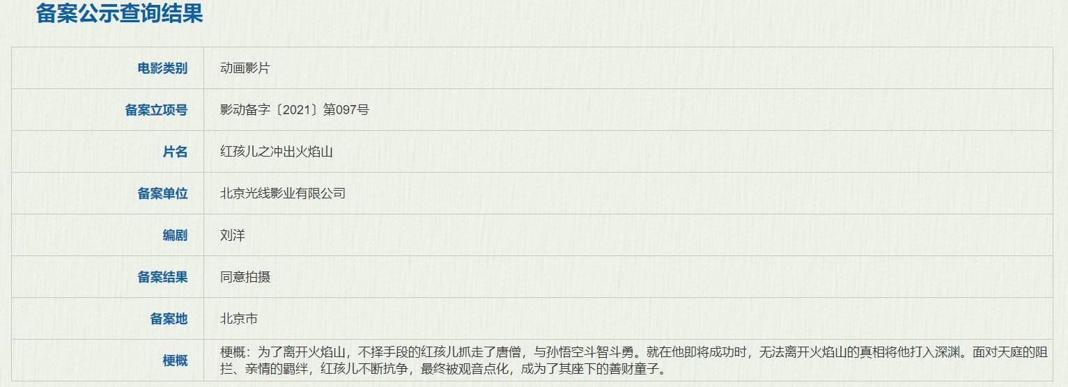 国产动画电影《红孩儿之冲出火焰山》 备案公示