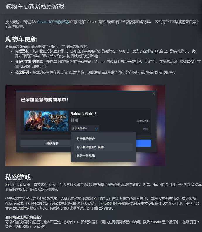 Steam私密游戏&购物车更新