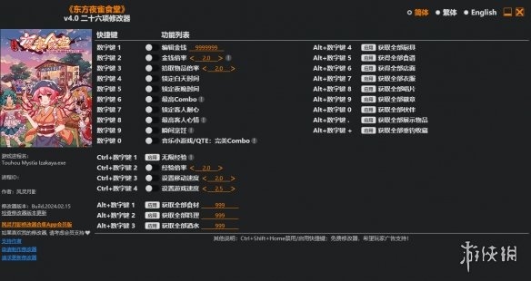 《东方夜雀食堂》v4.0二十六项修改器风灵月影版电脑版下载