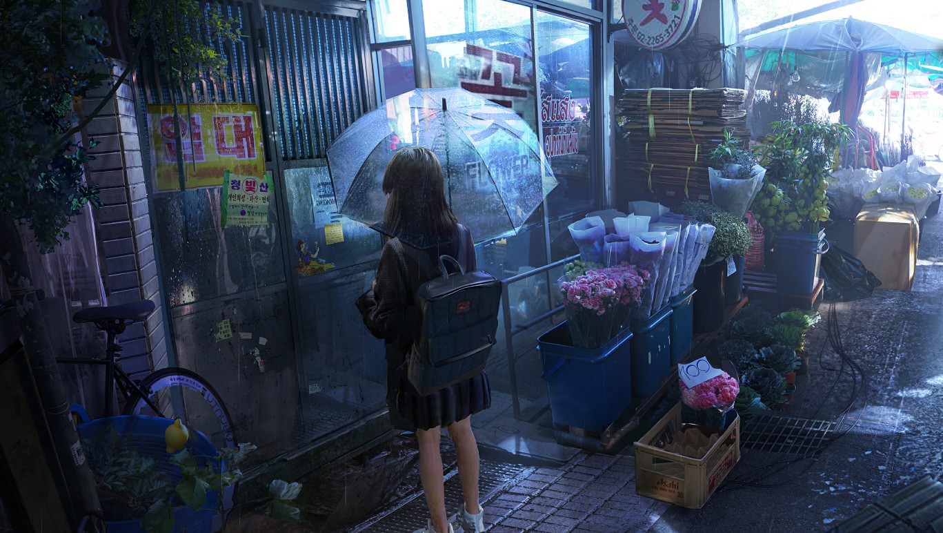 Wallpaper Engine 写实风雨中花店前的少女动态壁纸百度云迅雷下载